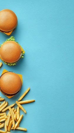 Three juicy burgers are arranged on a vibrant blue surface, accompanied by a generous serving of golden fries scattered nearby. The scene is colorful and inviting. AI Generativeの素材