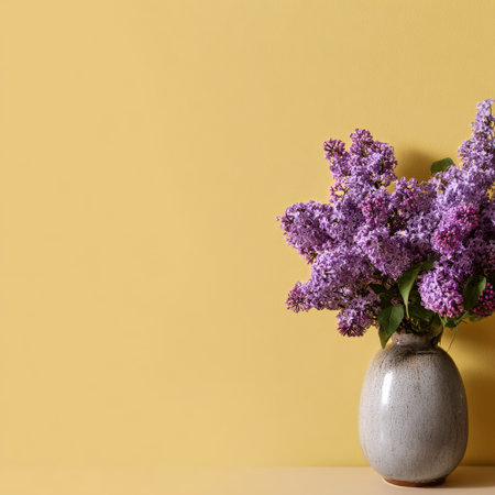 A charming vase holds vibrant purple lilac flowers, set against a warm yellow wall. The arrangement brings a fresh and inviting touch to the cozy indoor space. AI Generativeの素材