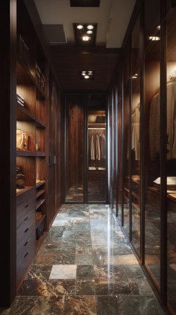 A spacious modern closet features wooden shelves, glass doors, and organized clothing. Soft lighting creates an elegant atmosphere, highlighting the rich materials and design.の素材