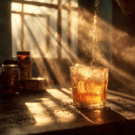 Light streams through a window as a chilled beverage is poured into a glass filled with ice. Nearby jars add to the cozy atmosphere of this inviting space.の素材