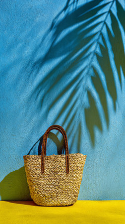 A woven basket sits on a vibrant yellow surface against a bright blue wall. The shadow of a palm leaf stretches elegantly across the background in sunlight.の素材