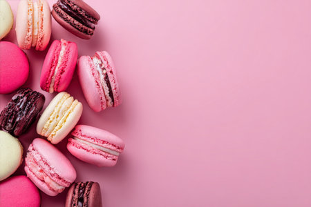 Various macarons in shades of pink, green, and brown are artistically placed on a soft pink background, showing their bright colors and delicate textures in an appealing arrangement.の素材