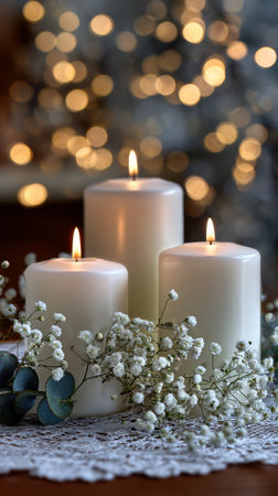 Three white candles flicker gently, surrounded by clusters of tiny white flowers. The soft glow of the candles enhances the cozy setting with blurred lights in the background. AI Generativeの素材