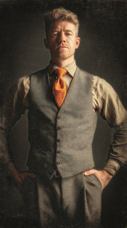 A well-dressed man exudes confidence in a gray vest and white shirt, featuring an orange tie. He stands with his hands in his pockets against a muted, dark backdrop. AI Generativeの素材