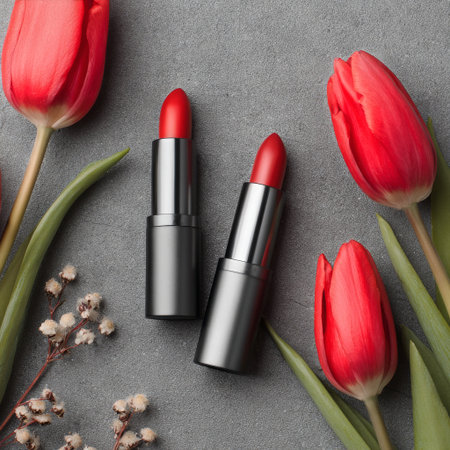 Two red lipsticks are placed next to fresh red tulips on a textured gray surface, creating a striking contrast and a lively atmosphere. AI Generativeの素材