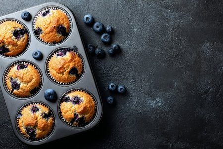 Delicious blueberry muffins sit in a metal baking tray on a dark surface. Fresh blueberries add color and flavor around the tray, creating an inviting scene of homemade treats.の素材