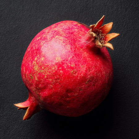 A bright red pomegranate sits on a dark stone surface, showing a cut that reveals its juicy, ruby-colored seeds. The texture of the fruit contrasts with the background. AI Generativeの素材