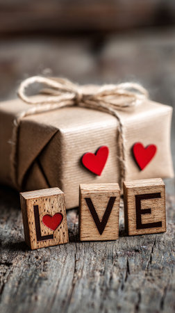 Wooden letters form the word love, highlighting red hearts in each letter. A neatly wrapped gift sits beside them on a rustic wooden surface, creating a warm atmosphere for celebration. AI Generativeの素材