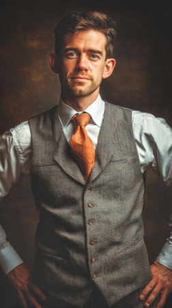 A confident man stands with his hands on his hips, dressed in a tailored gray vest and white shirt, featuring orange accents. The dark background highlights his poised demeanor. AI Generativeの素材