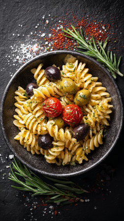 A vibrant arrangement of pasta mixed with green and black olives is displayed on a dark surface, garnished with herbs and sprinkled salt, creating an appetizing look suitable for a meal. AI Generativeの素材