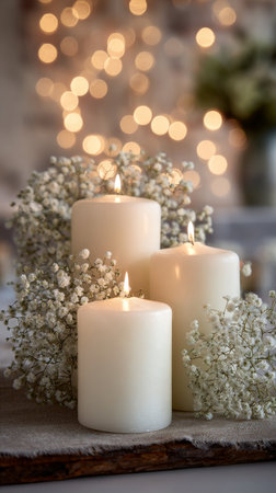 Three white candles flicker gently, surrounded by clusters of tiny white flowers. The soft glow of the candles enhances the cozy setting with blurred lights in the background.の素材