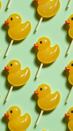 Bright yellow lollipops shaped like ducks are neatly arranged on a soft green surface. Each lollipop features a cute face and a stick for easy holding.の素材