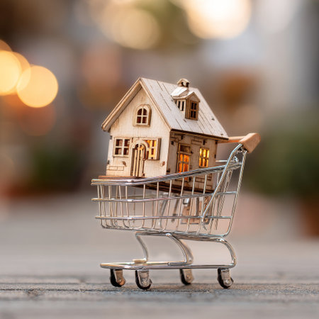 A small wooden house sits inside a shopping cart, illustrating the connection between homeownership and shopping. This scene captures the essence of consumer choices in todays world.の素材