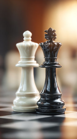 Two king chess pieces stand on a checkerboard, one white and one black, symbolizing an intense strategic game at sunset. The soft light highlights their intricate details. AI Generativeの素材