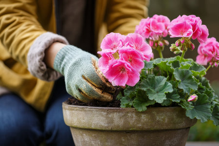 Hands in gloves carefully plant pink geraniums in a pot, surrounded by colorful blooms, while enjoying a sunny spring day. AI Generativeの素材