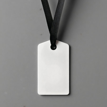 A blank white tag hangs from a black ribbon against a gray background, making it suitable for labeling, gifts, or crafting projects. Its simplicity allows for various uses.の素材