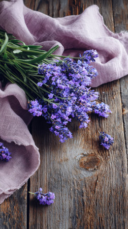 A bouquet of vibrant lavender lies on a dark fabric, set against a backdrop of weathered wood. The fresh blooms showcase their bright purple color and fragrant appeal. AI Generativeの素材