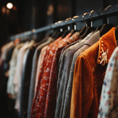 A collection of stylish clothes hangs on hangers inside a boutique, showcasing vibrant colors and patterns. The warm evening light enhances the textures and designs.の素材