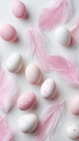 Soft pink and white eggs are arranged artistically with fluffy pink feathers on a light background, making a joyful spring display perfect for Easter celebrations.の素材