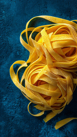 Bright yellow fettuccine pasta is artistically arranged on a blue textured surface, showing its smooth texture and vibrant color, perfect for a delicious meal. AI Generativeの素材