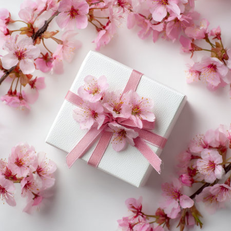 A small white gift box is adorned with delicate pink flowers. Surrounding it are more blooming cherry blossoms, creating a tranquil spring atmosphere.の素材