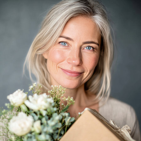 A woman with light hair smiles gently while holding a box filled with fresh flowers. The soft blue background adds a calming atmosphere to the scene, perfect for a moment warm. AI Generativeの素材