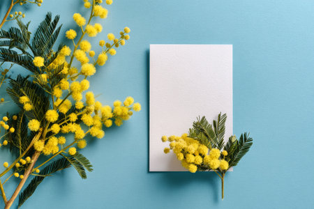 A blank card is placed at the center, surrounded by vibrant yellow flowers and green leaves on a blue backdrop. The scene is bright and cheerful, perfect for messages. AI Generativeの素材