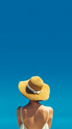 A woman wearing a straw hat is relaxing at the beach. She faces a stunning turquoise sea under a clear sky, soaking in the sun and enjoying the peaceful environment. AI Generativeの素材