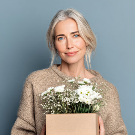 A woman with light hair smiles gently while holding a box filled with fresh flowers. The soft blue background adds a calming atmosphere to the scene, perfect for a moment warm.の素材