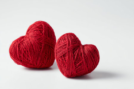 Two bright red yarn balls are shaped like hearts, sitting close together on a clean white background. Perfect for crafting, knitting, or expressing love through handmade gifts. AI Generativeの素材