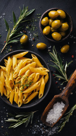 A colorful spread of penne pasta, black olives, cherry tomatoes, and fresh herbs creates an appetizing scene. Sea salt crystals add texture and flavor to this delightful meal. AI Generativeの素材