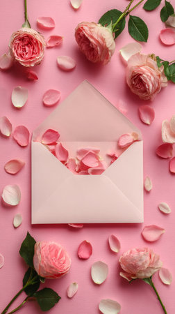 An envelope is filled with rose petals, surrounded by more petals and fresh pink roses on a soft pink background. A romantic and serene scene celebrating beauty and nature.の素材
