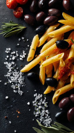 A colorful spread of penne pasta, black olives, cherry tomatoes, and fresh herbs creates an appetizing scene. Sea salt crystals add texture and flavor to this delightful meal.の素材
