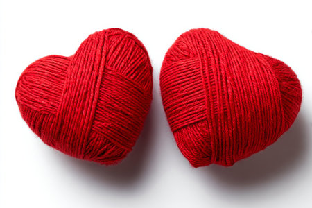 Two balls of red yarn shaped like hearts are placed next to each other on a white surface, ideal for various crafting projects or decorations.の素材