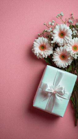 A lovely pink gift is tied with natural twine, adorned with various flowers, including roses and greenery, set against a soft pastel background, perfect for celebrations. AI Generativeの素材
