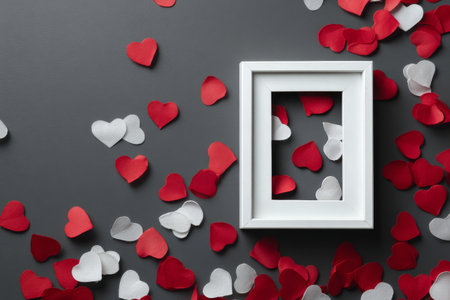 Red and white paper hearts scatter around an empty white frame on a dark surface. This scene creates a romantic atmosphere, perfect for celebrations or events focused on love.の素材