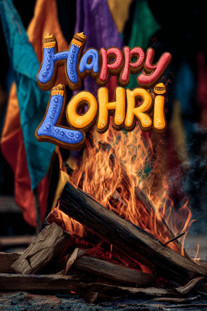 People gather around a large bonfire during Lohri, a traditional festival celebrating harvest. Colorful flags flutter in the background, creating a festive atmosphere.の素材