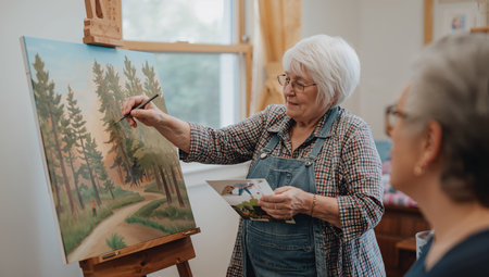 In a cozy studio, a senior woman joyfully paints a serene landscape while referencing a photo. Another woman observes, creating a warm atmosphere of creativity and learning.の素材