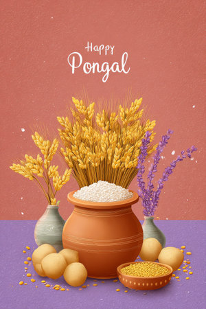 Festive decorations for Pongal include colorful pots filled with rice and surrounded by wheat, flowers, and sweets. A cheerful ambiance showcases the spirit of the celebration.の素材