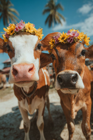 Two cows wear colorful flower crowns while standing together on a sunny farm. Palm trees provide shade in the background, creating a cheerful and festive atmosphere.の素材