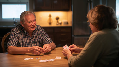 Two older adults are seated at a wooden table, smiling and engaged in a lively card game during a cozy evening at home. Soft light illuminates their enjoyable moment together.の素材