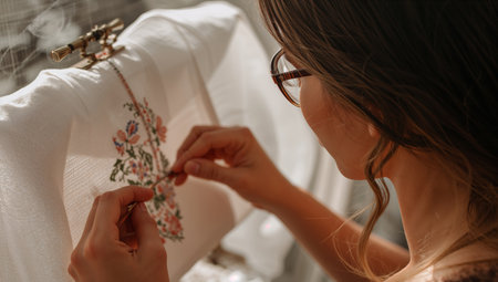 A woman with glasses focuses on adding details to a floral embroidery on white fabric. Sunlight fills the bright room, highlighting her skillful work with needle and thread.の素材