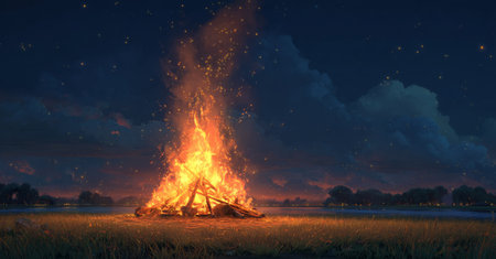 A bright bonfire burns on the riverbank, sending sparks into the air. The evening sky is filled with stars, creating a serene atmosphere perfect for gatherings.の素材