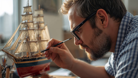 A man focuses intently as he paints a ship model in a well-lit workspace. Tools and materials are spread around, showcasing his dedication to the craft during daylight hours.の素材