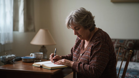 An elderly woman sits at a wooden table in a cozy room, writing thoughtfully in a notebook. Soft light filters through the window, creating a warm atmosphere.の素材