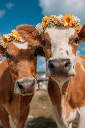Two cows wear colorful flower crowns while standing together on a sunny farm. Palm trees provide shade in the background, creating a cheerful and festive atmosphere.の素材
