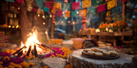 A gathering around a glowing fire features decorated sweets on a stone surface, surrounded by vibrant flowers and colorful banners at twilight.の素材