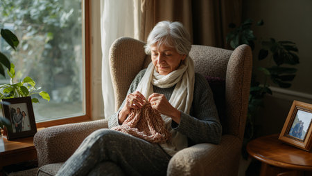 A senior woman sits in a comfortable chair, focused on knitting a piece of fabric.の素材