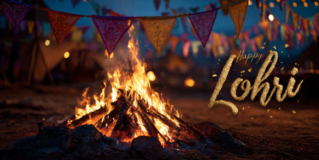People gather around a warm bonfire to celebrate Lohri, surrounded by colorful banners and festive decorations under a night sky filled with joy and bright lights.の素材