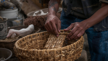 Skilled artisan weaves a basket using natural fibers in a cozy workshop filled with handcrafted items and tools. The process highlights cultural craftsmanship and artistic tradition.の素材